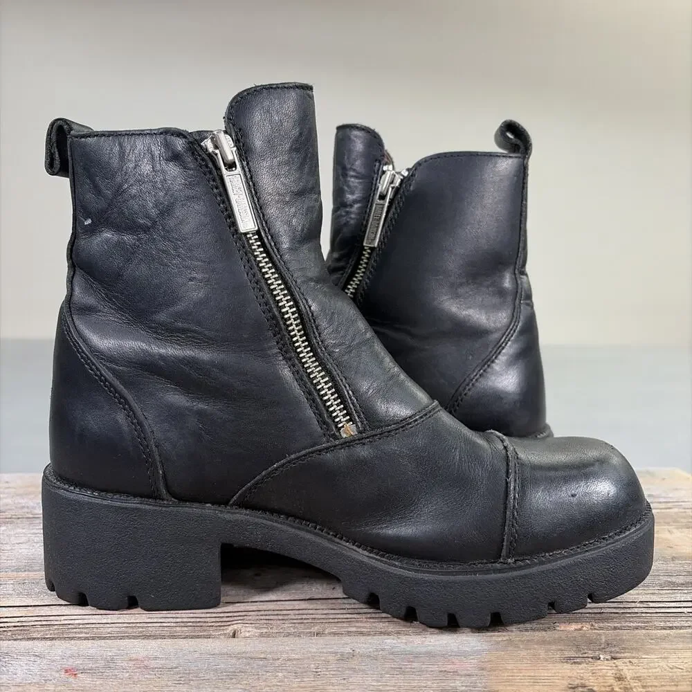 Harley Davidson Womens Black Leather Side Zip Biker Boots Size 7.5 Ankle Charity